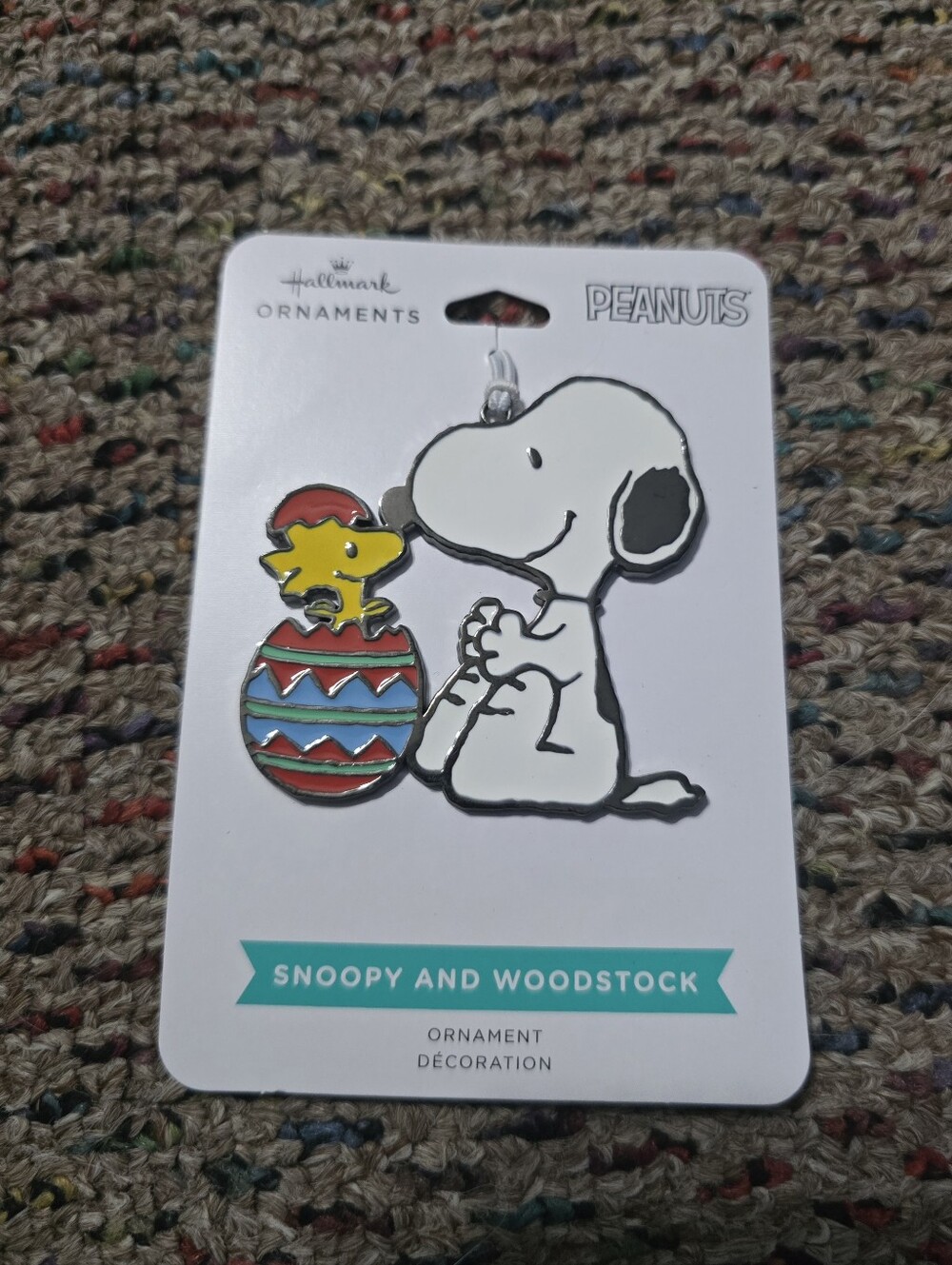 Peanuts Snoopy Woodstock Easter Egg Hallmark Ornament NEW Flat Metal String